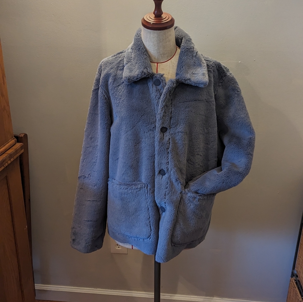 BRANDON THOMAS Jacket Womens Medium Faux Suede Fur Grey Reversible Coat EUC Soft